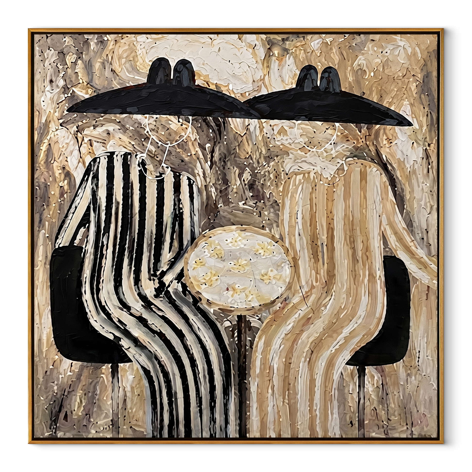 Black Hats Guard Table - striped table figure pair painting by Elliot Vale, modern figurative square wall art - wood frame on white background