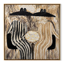 Black Hats Guard Table - striped table figure pair painting by Elliot Vale, modern figurative square wall art - wood frame on white background