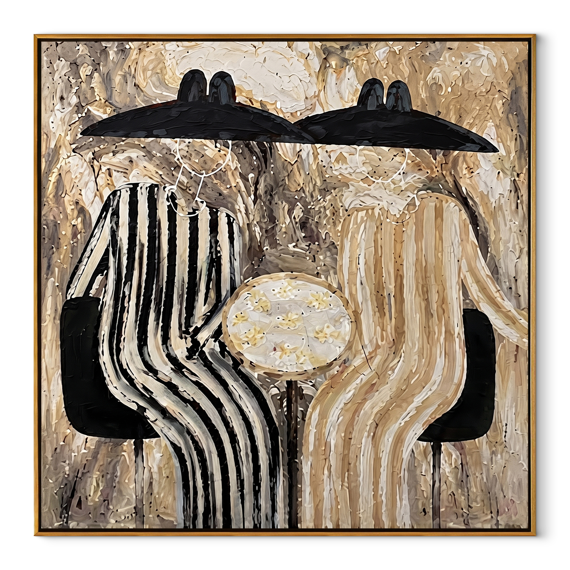 Black Hats Guard Table - striped table figure pair painting by Elliot Vale, modern figurative square wall art - wood frame on white background