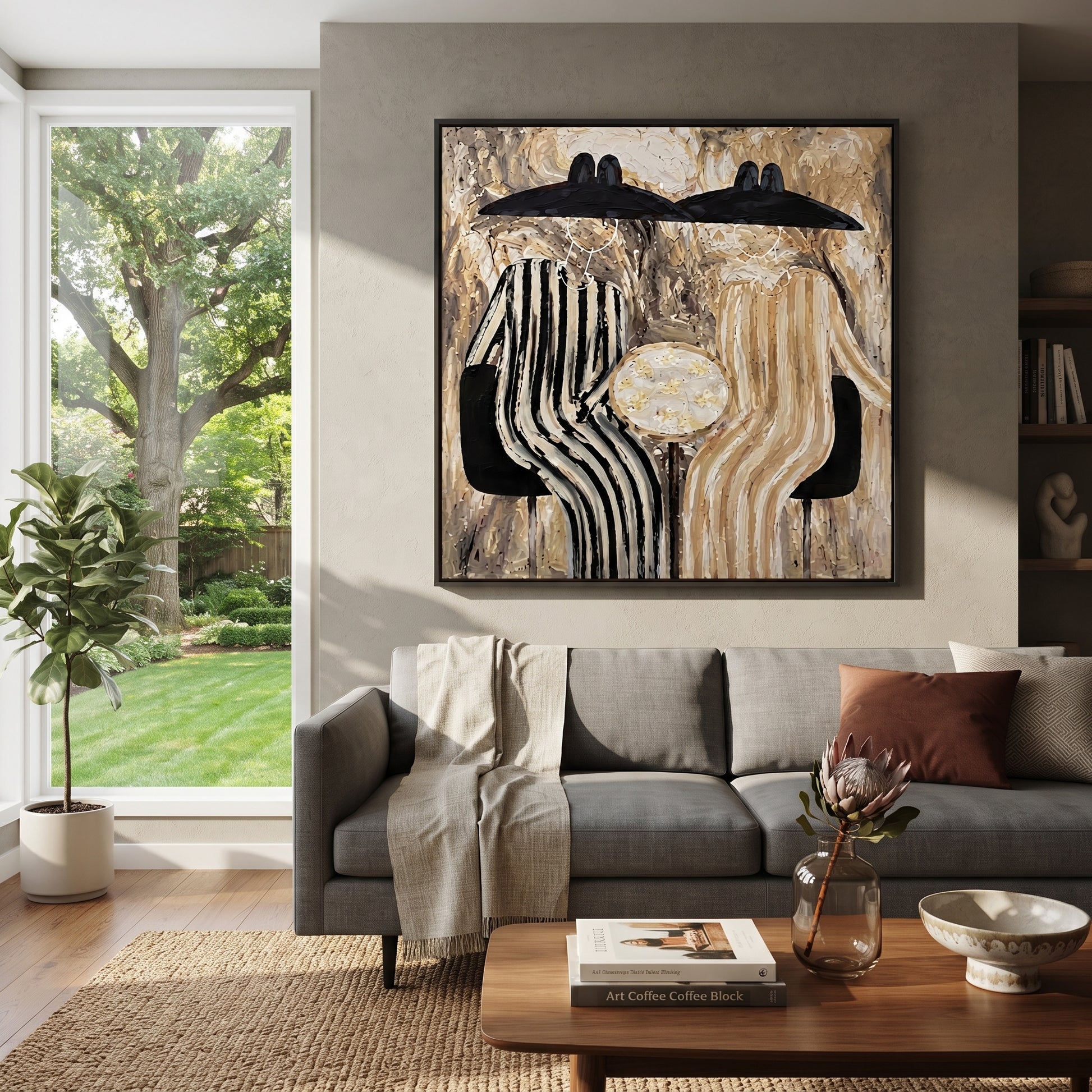Black Hats Guard Table - striped table figure pair painting by Elliot Vale, modern figurative square wall art - styled room scene view 2