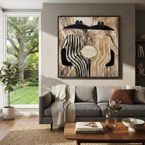 Black Hats Guard Table - striped table figure pair painting by Elliot Vale, modern figurative square wall art - styled room scene view 2
