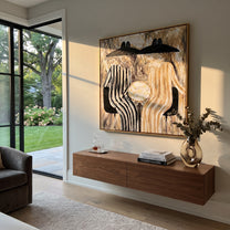 Black Hats Guard Table - striped table figure pair painting by Elliot Vale, modern figurative square wall art - styled room scene view 3