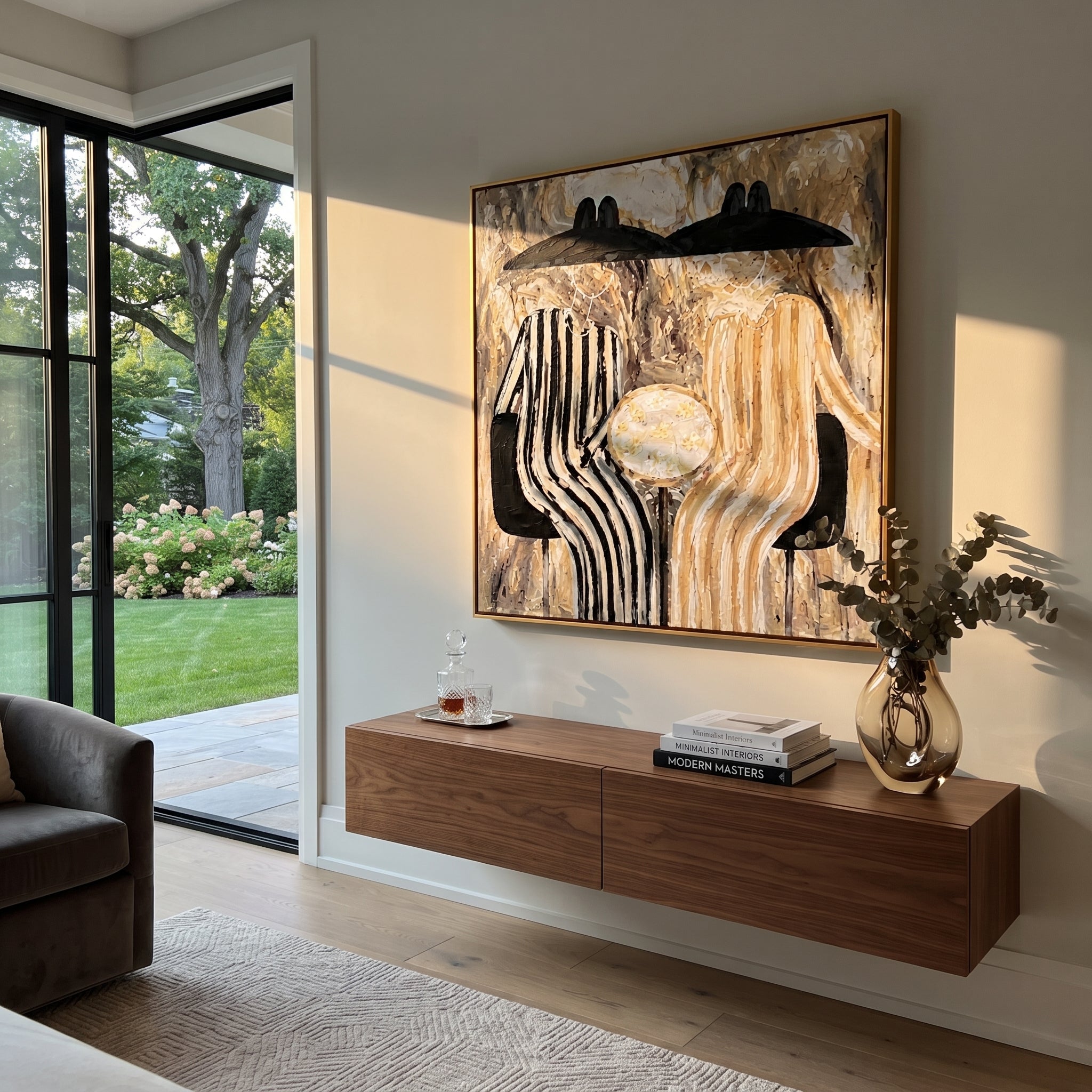Black Hats Guard Table - striped table figure pair painting by Elliot Vale, modern figurative square wall art - styled room scene view 3