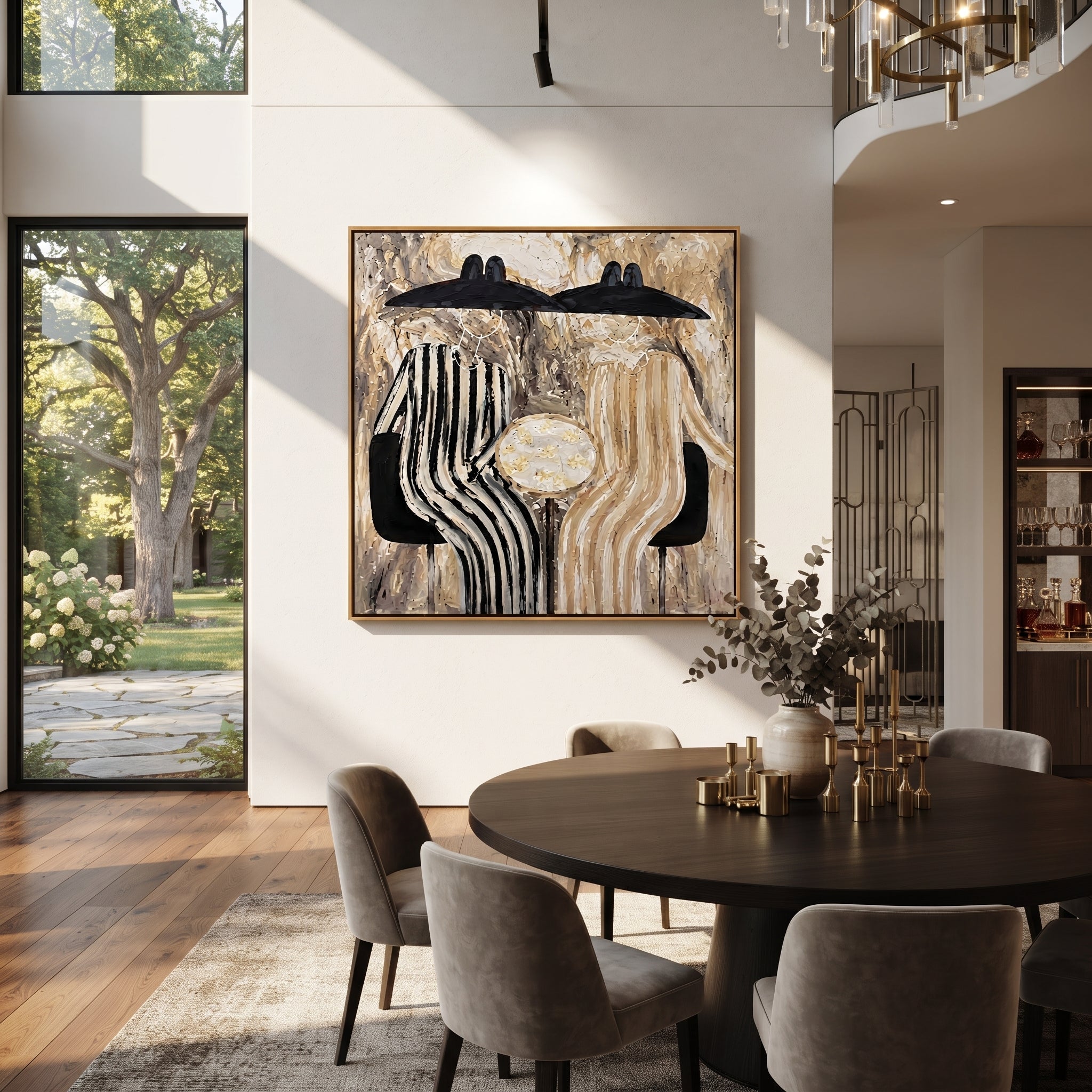 Black Hats Guard Table - striped table figure pair painting by Elliot Vale, modern figurative square wall art - styled room scene view 4