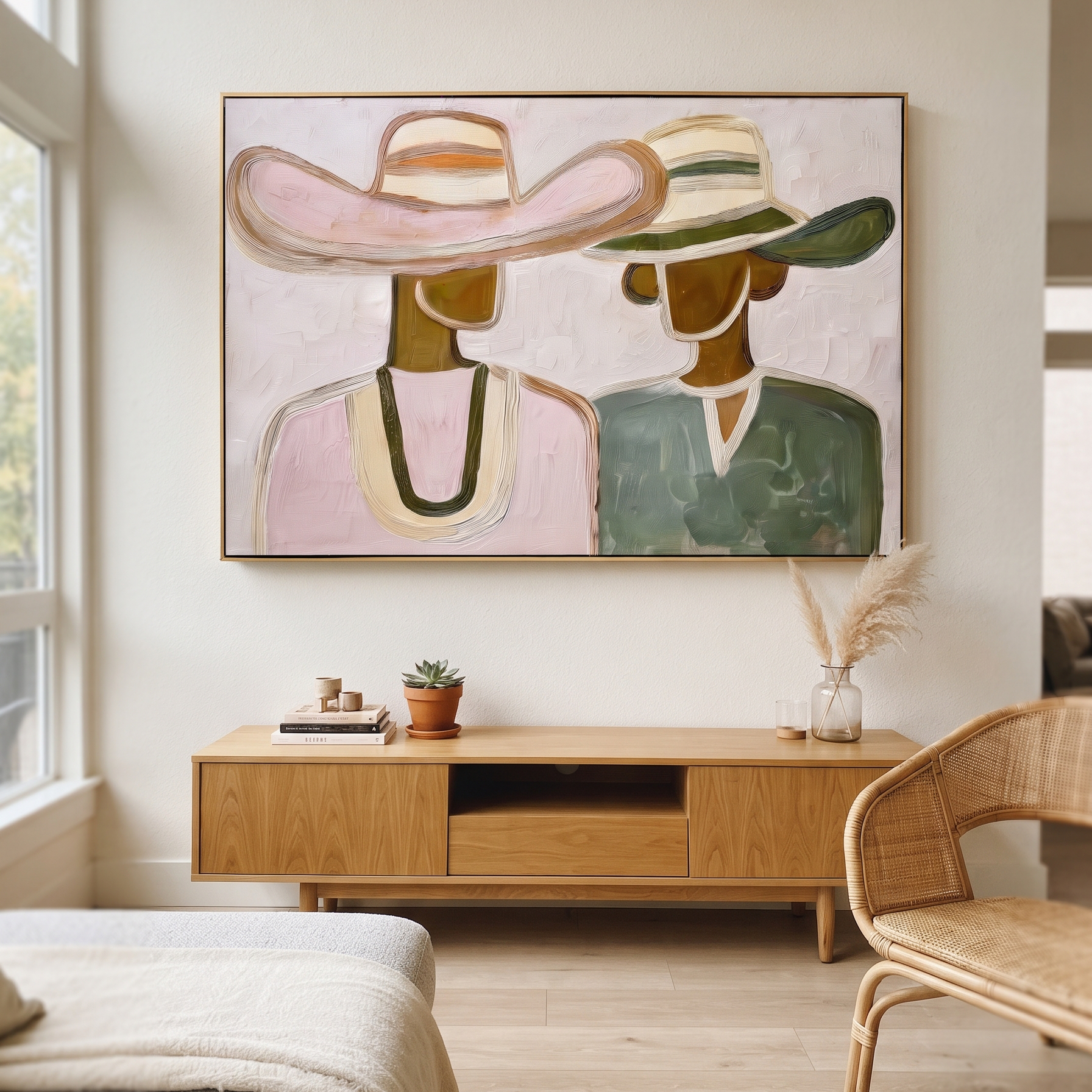 Pink Hat Meets Green - pastel hat figure pair painting by Elliot Vale, modern figurative horizontal wall art - styled room scene view 1