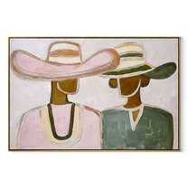 Pink Hat Meets Green - pastel hat figure pair painting by Elliot Vale, modern figurative horizontal wall art - wood frame on white background