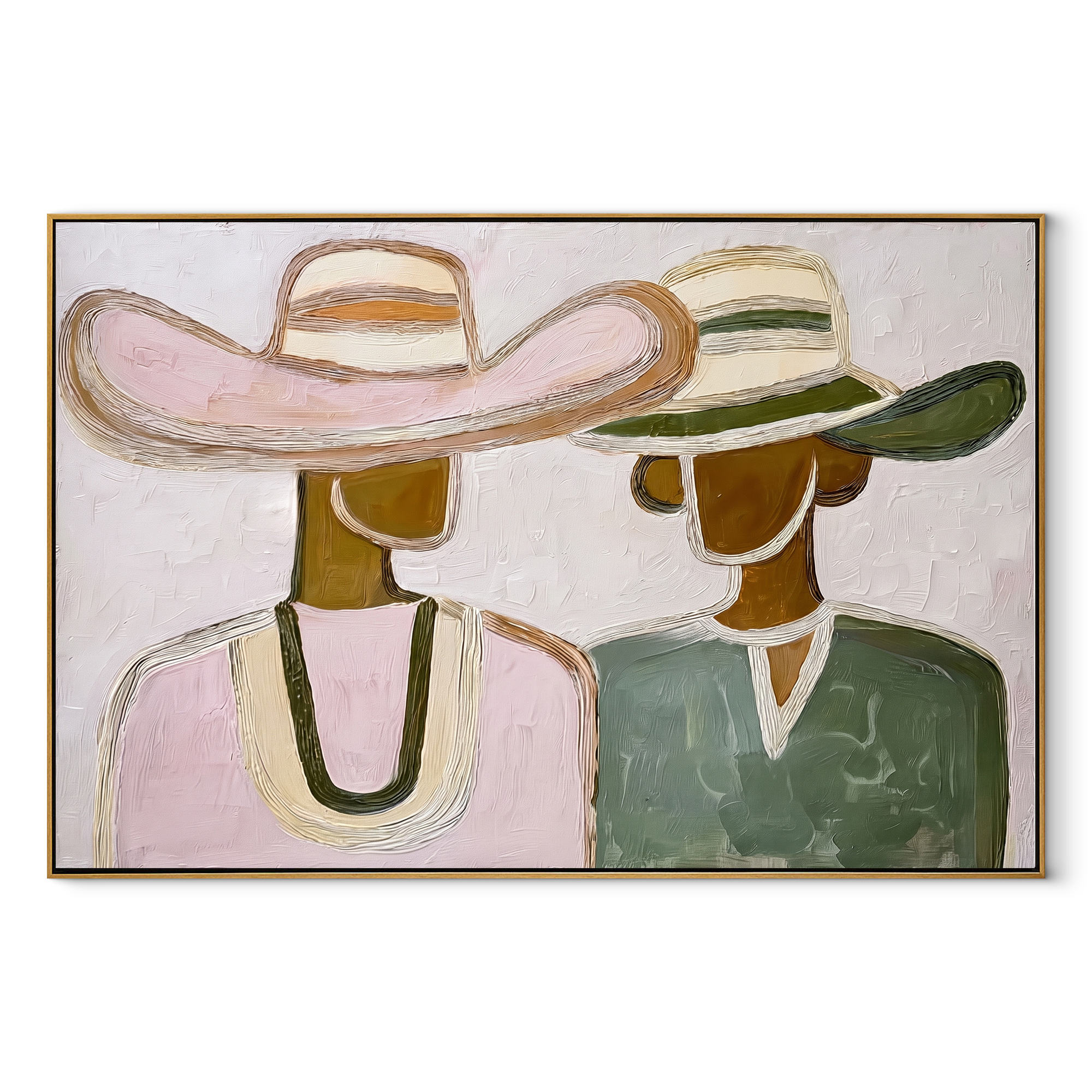 Pink Hat Meets Green - pastel hat figure pair painting by Elliot Vale, modern figurative horizontal wall art - wood frame on white background
