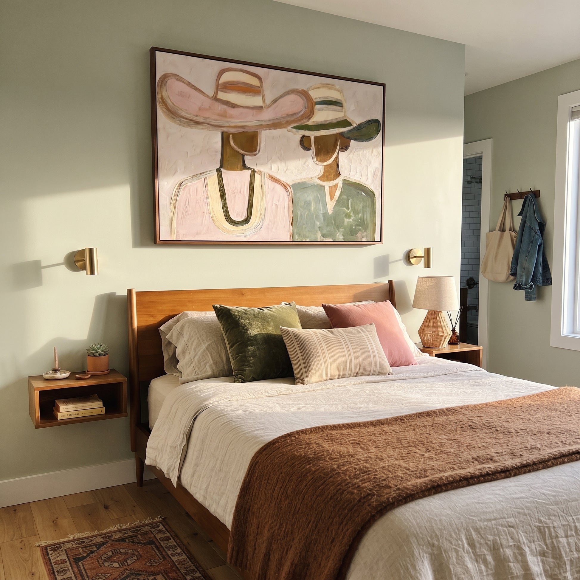 Pink Hat Meets Green - pastel hat figure pair painting by Elliot Vale, modern figurative horizontal wall art - styled room scene view 3