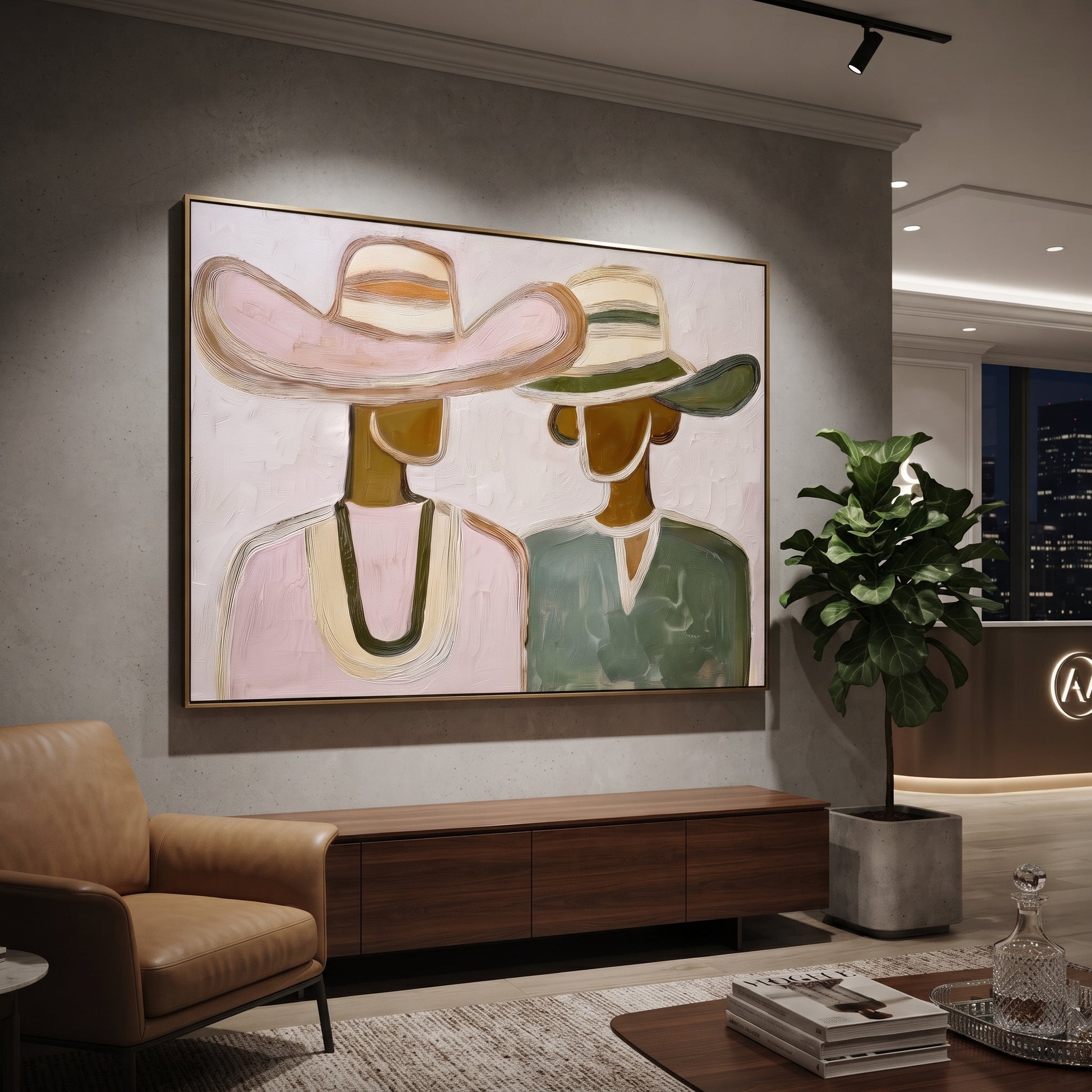 Pink Hat Meets Green - pastel hat figure pair painting by Elliot Vale, modern figurative horizontal wall art - styled room scene view 5