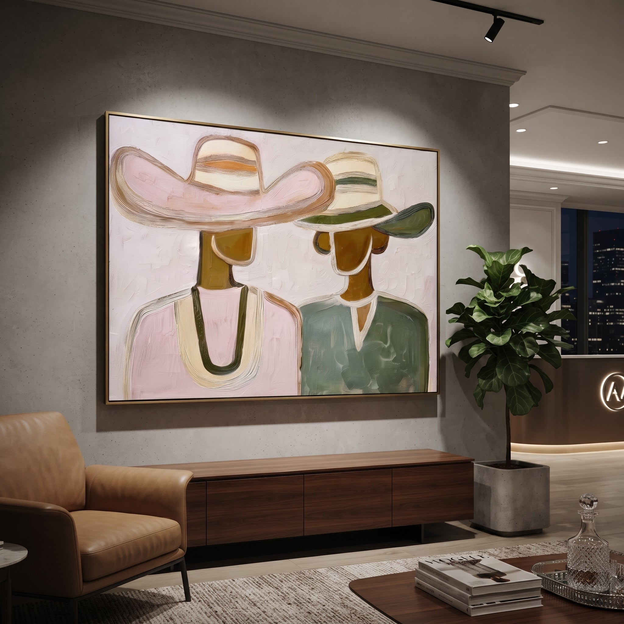 Pink Hat Meets Green - pastel hat figure pair painting by Elliot Vale, modern figurative horizontal wall art - styled room scene view 5