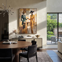 Two Suits Trade Quiet - elegant standing pair painting by Elliot Vale, modern figurative vertical wall art - styled room scene view 1