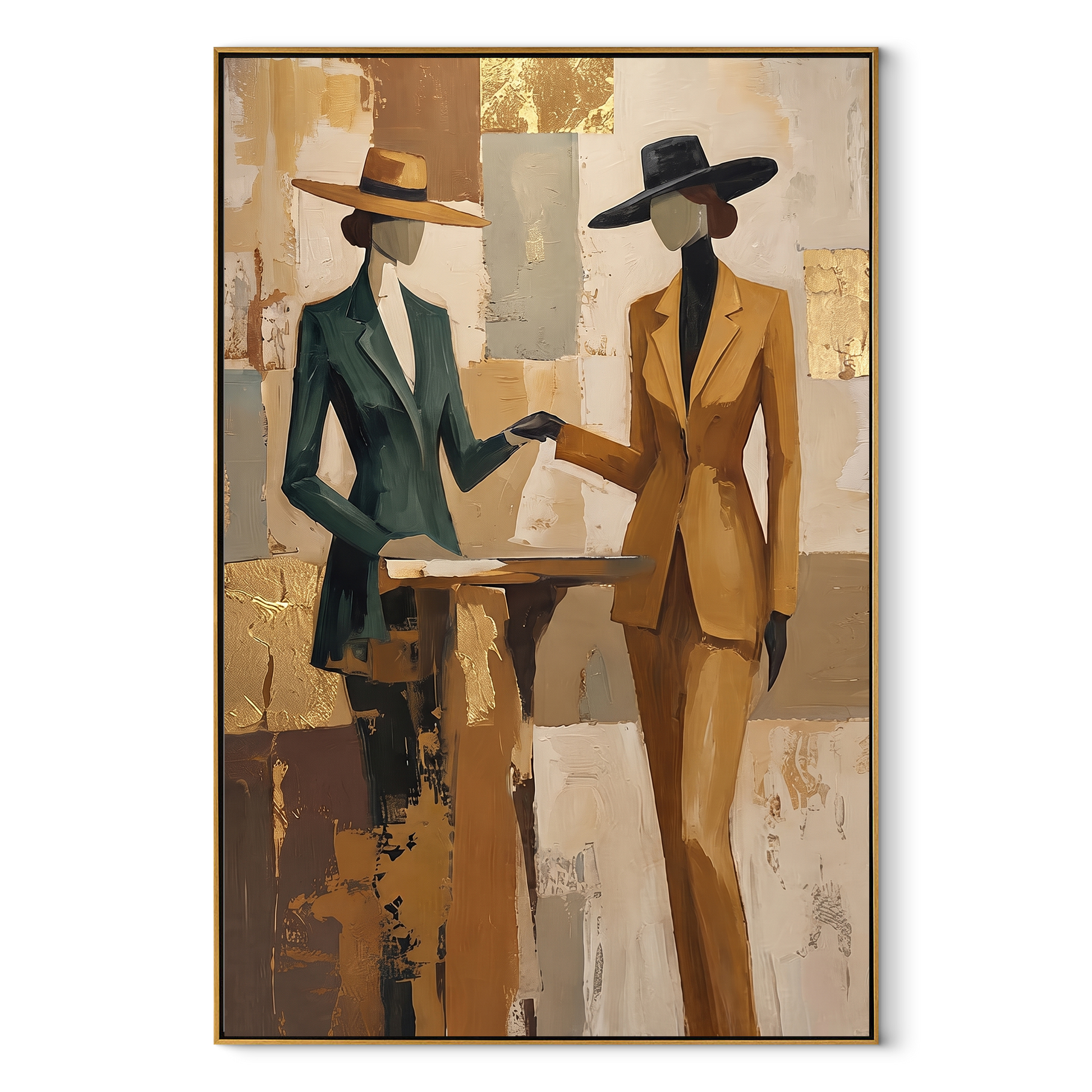 Two Suits Trade Quiet - elegant standing pair painting by Elliot Vale, modern figurative vertical wall art - wood frame on white background