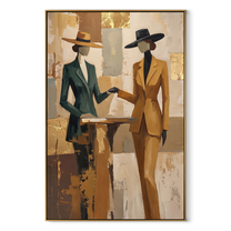 Two Suits Trade Quiet - elegant standing pair painting by Elliot Vale, modern figurative vertical wall art - wood frame on white background