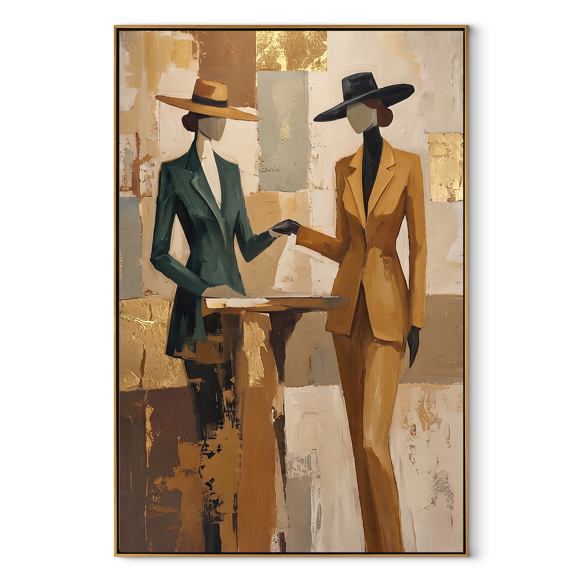 Two Suits Trade Quiet - elegant standing pair painting by Elliot Vale, modern figurative vertical wall art - wood frame on white background
