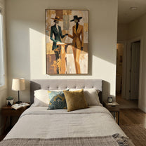 Two Suits Trade Quiet - elegant standing pair painting by Elliot Vale, modern figurative vertical wall art - styled room scene view 2