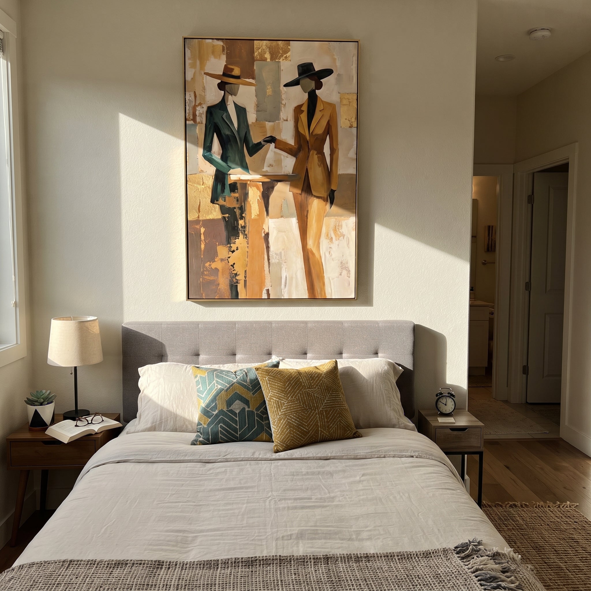 Two Suits Trade Quiet - elegant standing pair painting by Elliot Vale, modern figurative vertical wall art - styled room scene view 2