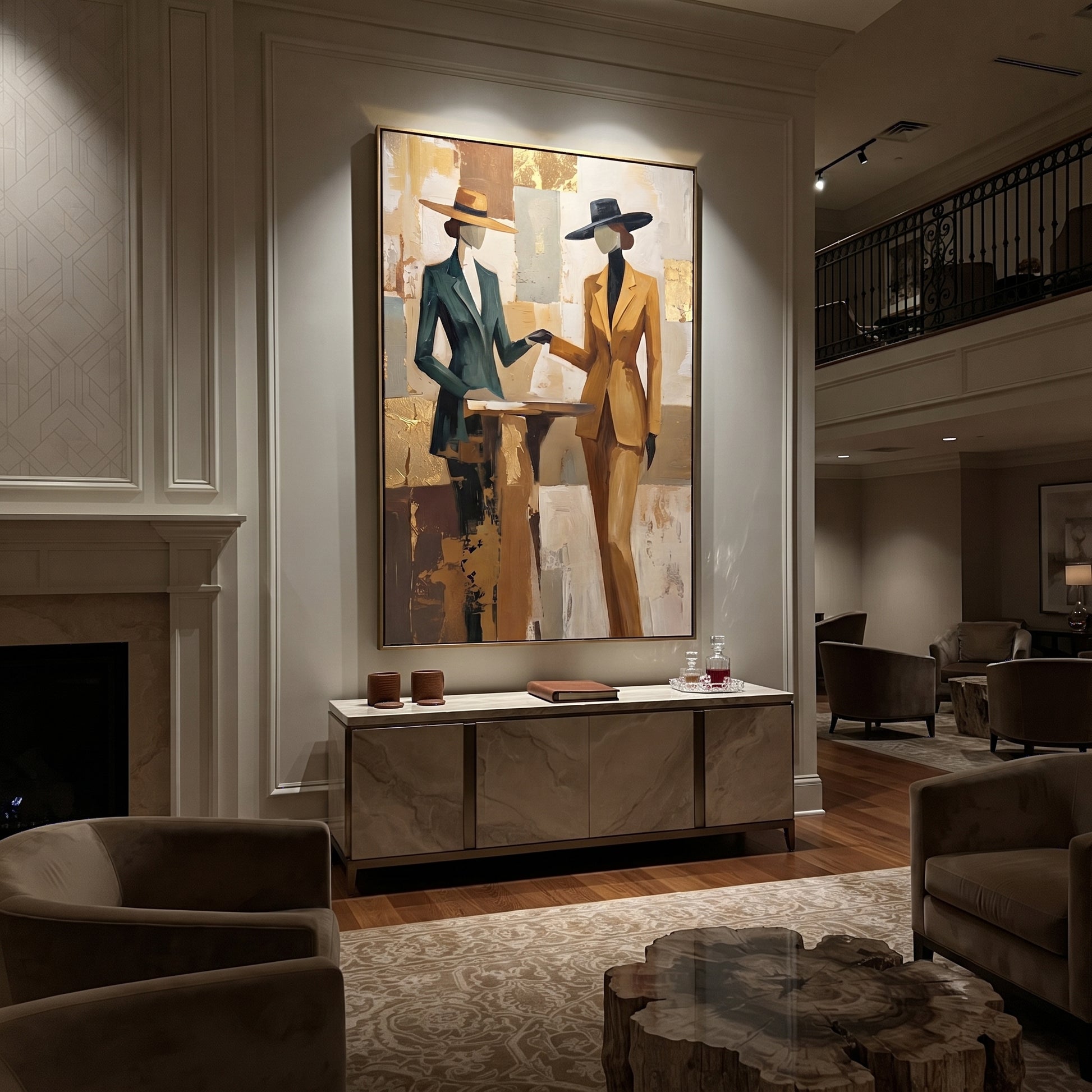 Two Suits Trade Quiet - elegant standing pair painting by Elliot Vale, modern figurative vertical wall art - styled room scene view 3