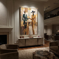 Two Suits Trade Quiet - elegant standing pair painting by Elliot Vale, modern figurative vertical wall art - styled room scene view 3