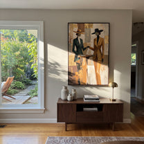 Two Suits Trade Quiet - elegant standing pair painting by Elliot Vale, modern figurative vertical wall art - styled room scene view 4