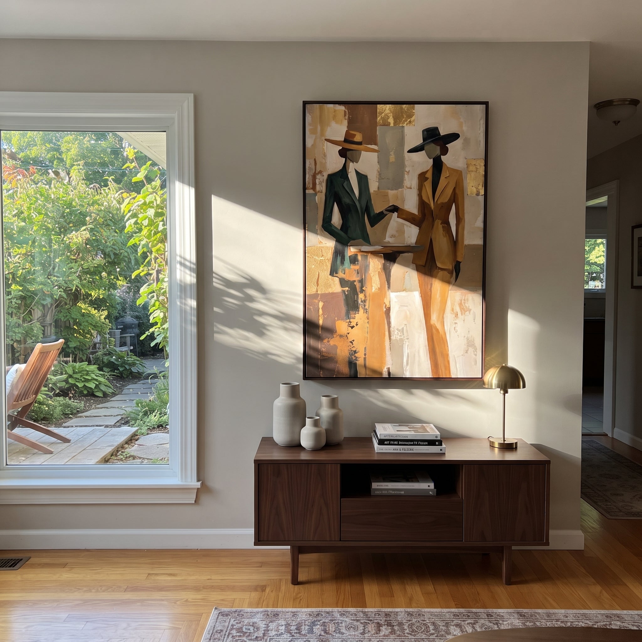 Two Suits Trade Quiet - elegant standing pair painting by Elliot Vale, modern figurative vertical wall art - styled room scene view 4