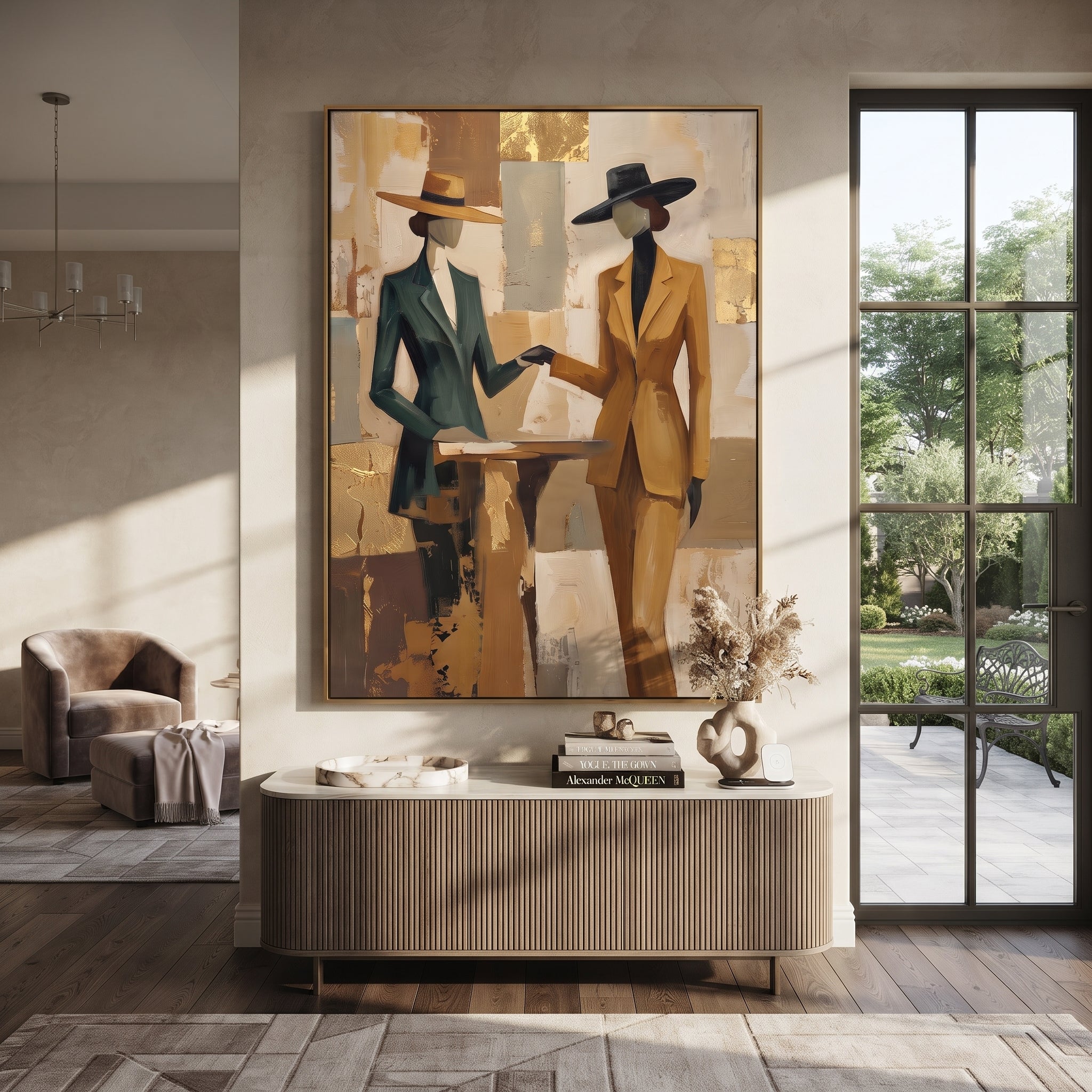 Two Suits Trade Quiet - elegant standing pair painting by Elliot Vale, modern figurative vertical wall art - styled room scene view 5