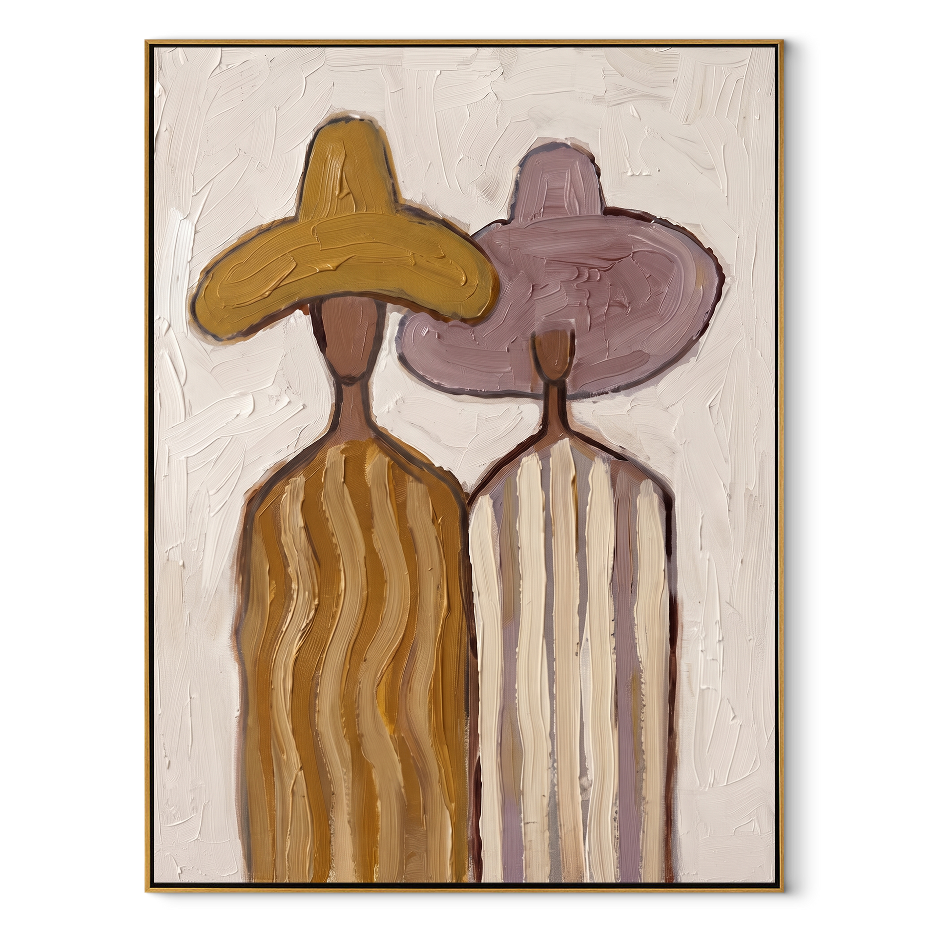 Ochre Hat Meets Mauve - pastel striped figure pair painting by Elliot Vale, modern figurative vertical wall art - wood frame on white background