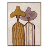 Ochre Hat Meets Mauve - pastel striped figure pair painting by Elliot Vale, modern figurative vertical wall art - wood frame on white background