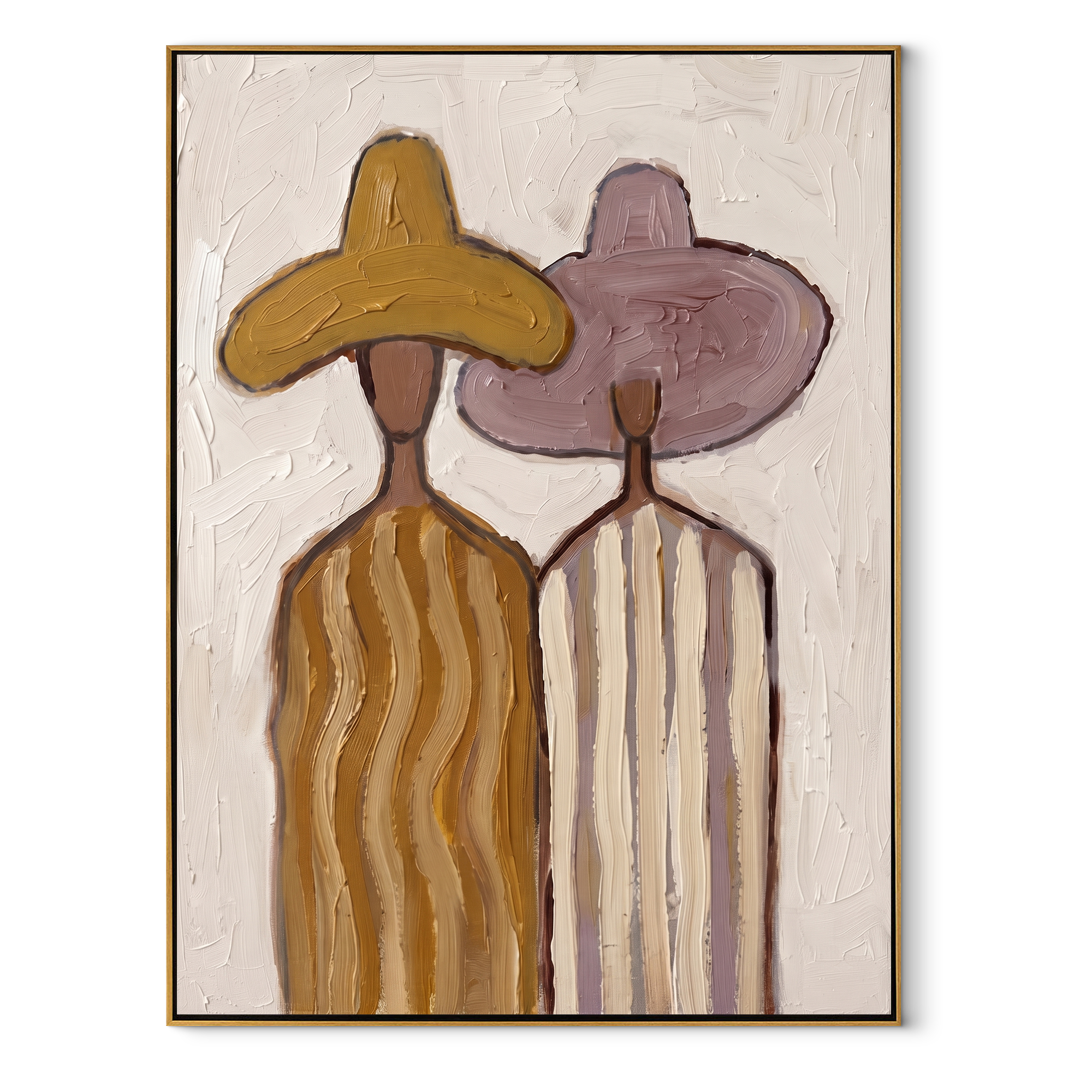 Ochre Hat Meets Mauve - pastel striped figure pair painting by Elliot Vale, modern figurative vertical wall art - wood frame on white background