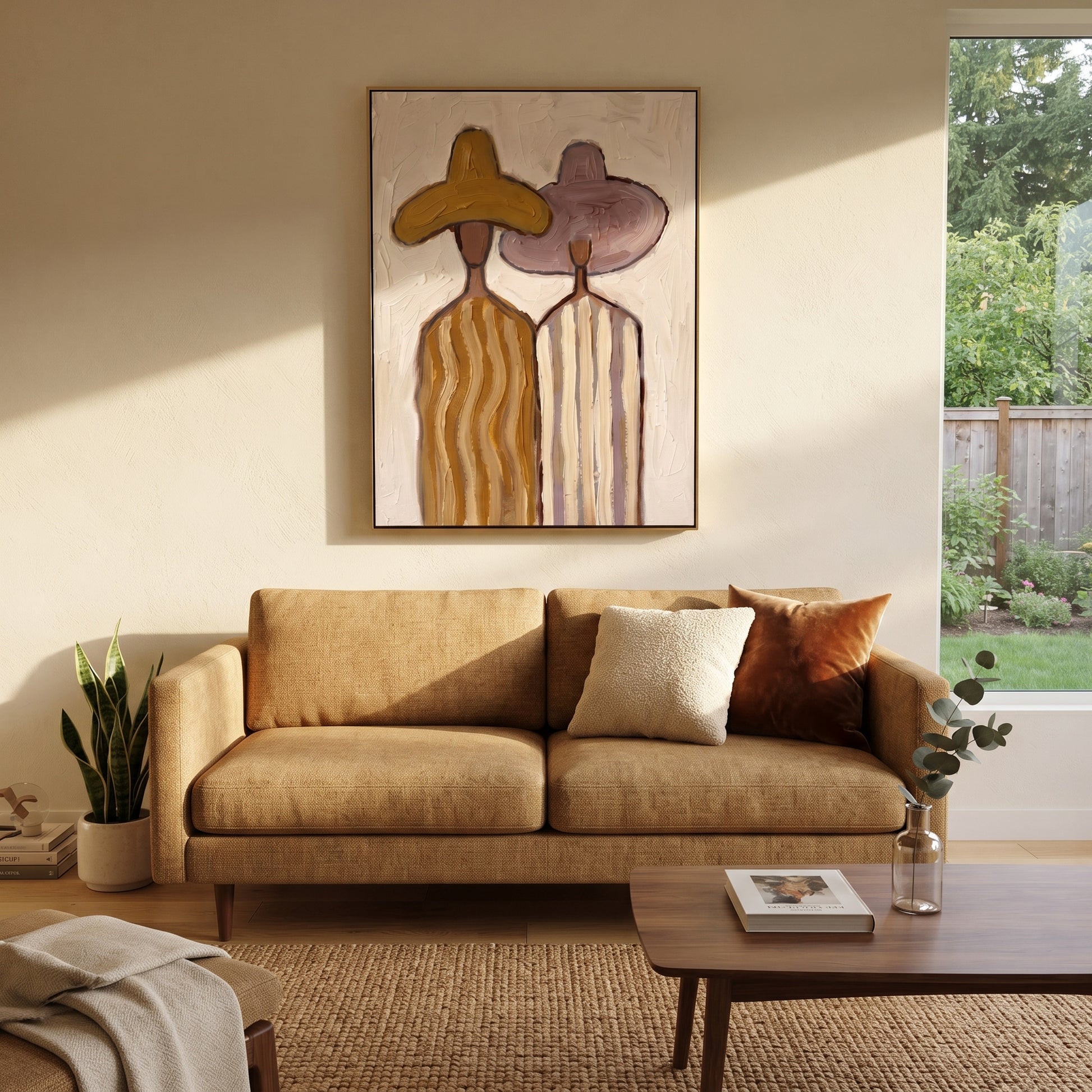Ochre Hat Meets Mauve - pastel striped figure pair painting by Elliot Vale, modern figurative vertical wall art - styled room scene view 2