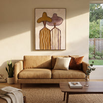 Ochre Hat Meets Mauve - pastel striped figure pair painting by Elliot Vale, modern figurative vertical wall art - styled room scene view 2