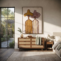 Ochre Hat Meets Mauve - pastel striped figure pair painting by Elliot Vale, modern figurative vertical wall art - styled room scene view 3