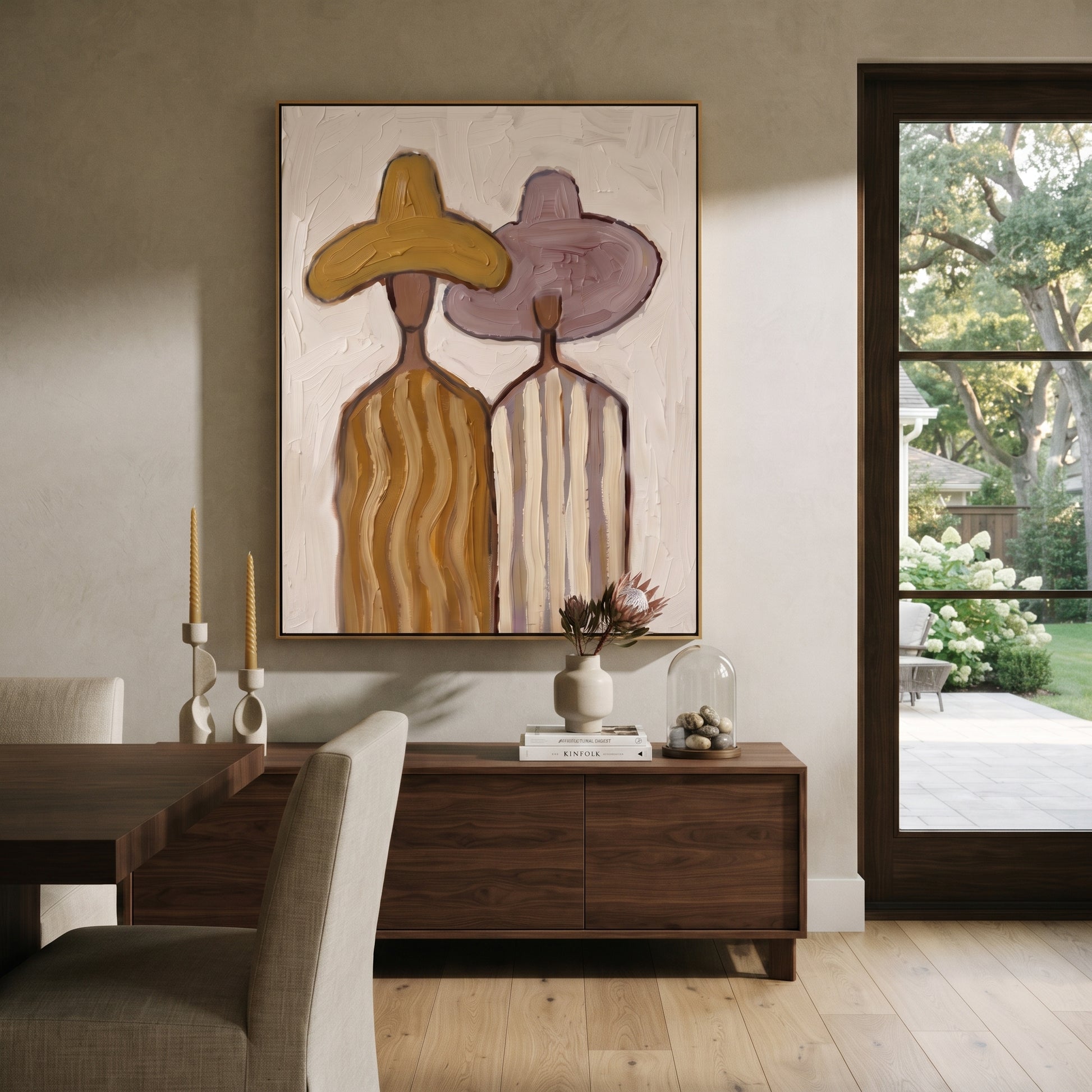 Ochre Hat Meets Mauve - pastel striped figure pair painting by Elliot Vale, modern figurative vertical wall art - styled room scene view 4