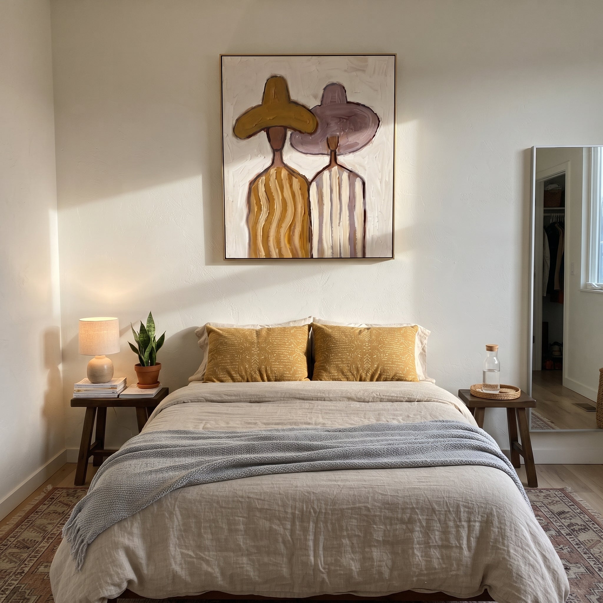 Ochre Hat Meets Mauve - pastel striped figure pair painting by Elliot Vale, modern figurative vertical wall art - styled room scene view 5