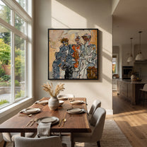 Three Musicians Gather Color - abstract musician trio painting by Elliot Vale, modern figurative square wall art - styled room scene view 1