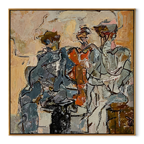 Three Musicians Gather Color - abstract musician trio painting by Elliot Vale, modern figurative square wall art - wood frame on white background