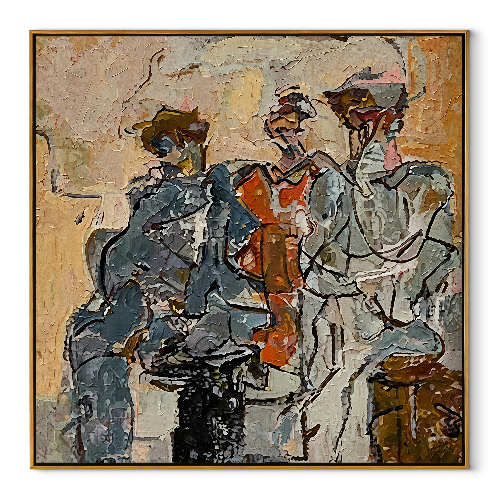 Three Musicians Gather Color - abstract musician trio painting by Elliot Vale, modern figurative square wall art - wood frame on white background