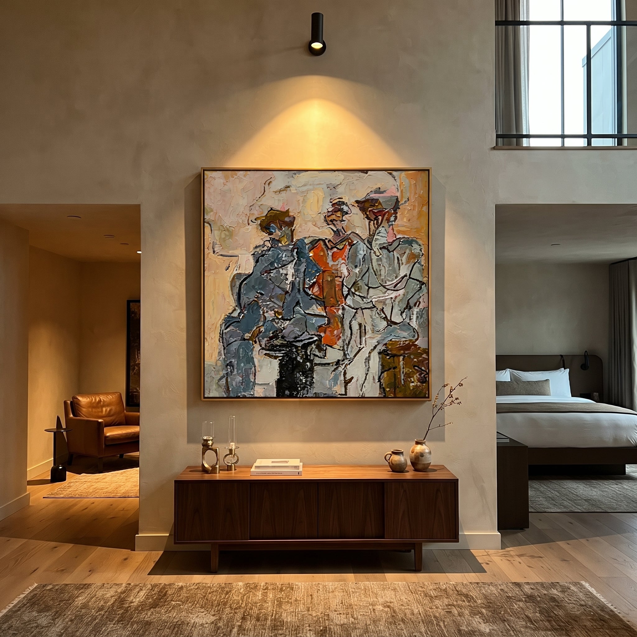 Three Musicians Gather Color - abstract musician trio painting by Elliot Vale, modern figurative square wall art - styled room scene view 2