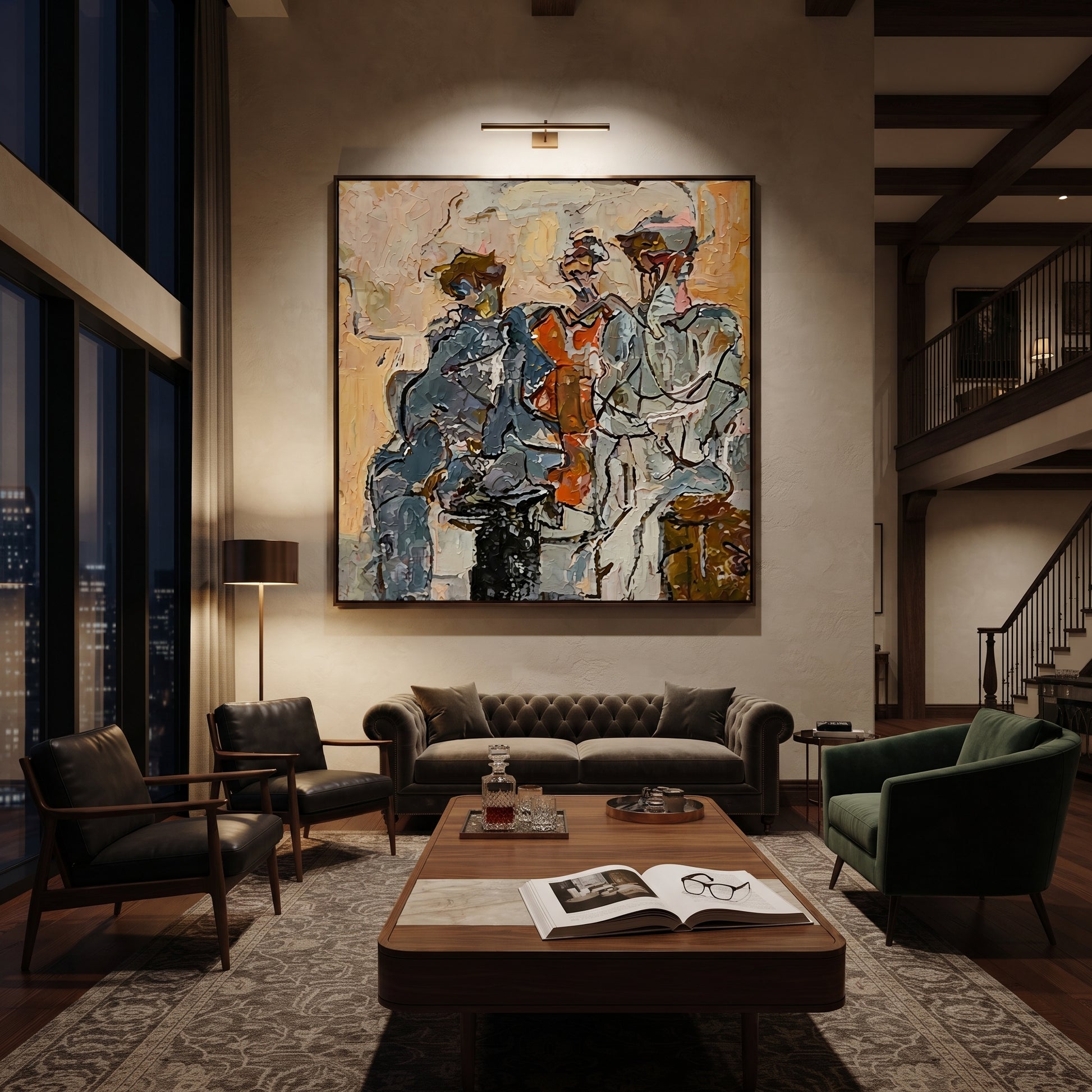 Three Musicians Gather Color - abstract musician trio painting by Elliot Vale, modern figurative square wall art - styled room scene view 3
