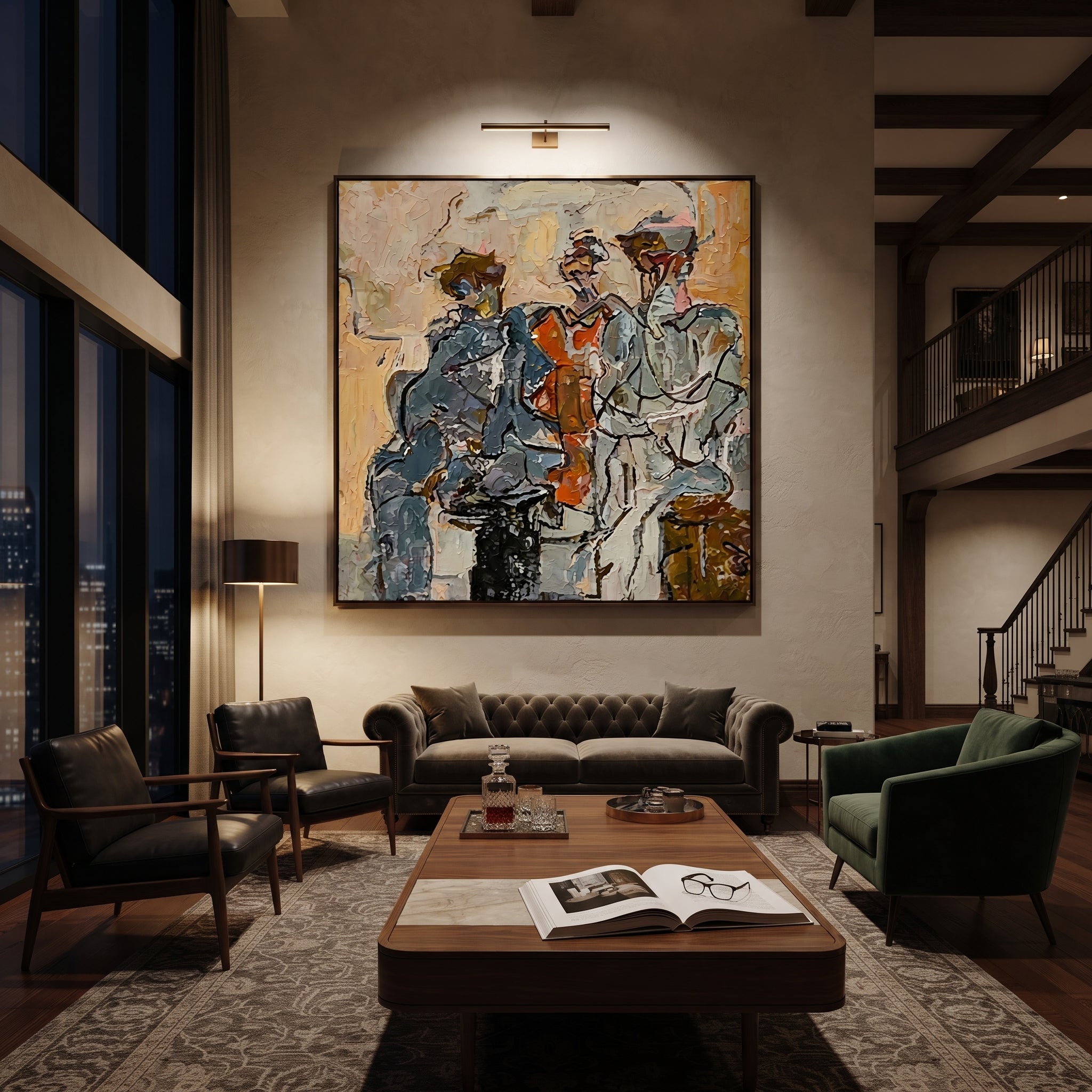 Three Musicians Gather Color - abstract musician trio painting by Elliot Vale, modern figurative square wall art - styled room scene view 3