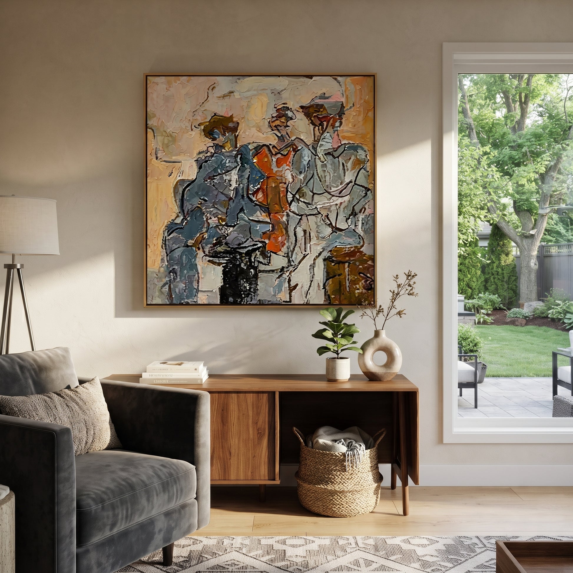 Three Musicians Gather Color - abstract musician trio painting by Elliot Vale, modern figurative square wall art - styled room scene view 4