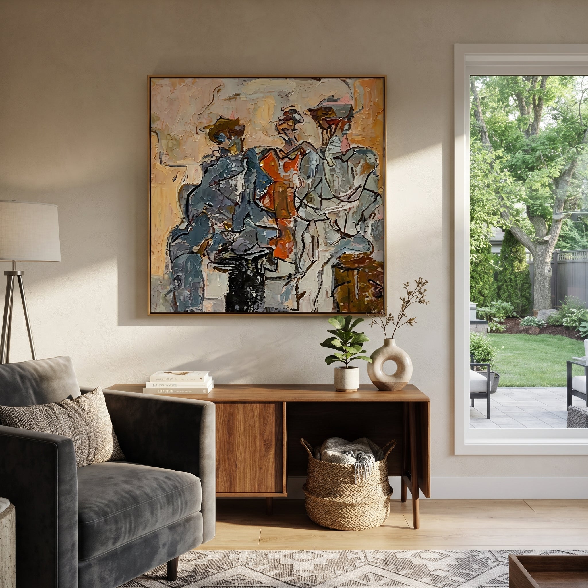 Three Musicians Gather Color - abstract musician trio painting by Elliot Vale, modern figurative square wall art - styled room scene view 4