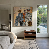 Three Musicians Gather Color - abstract musician trio painting by Elliot Vale, modern figurative square wall art - styled room scene view 5