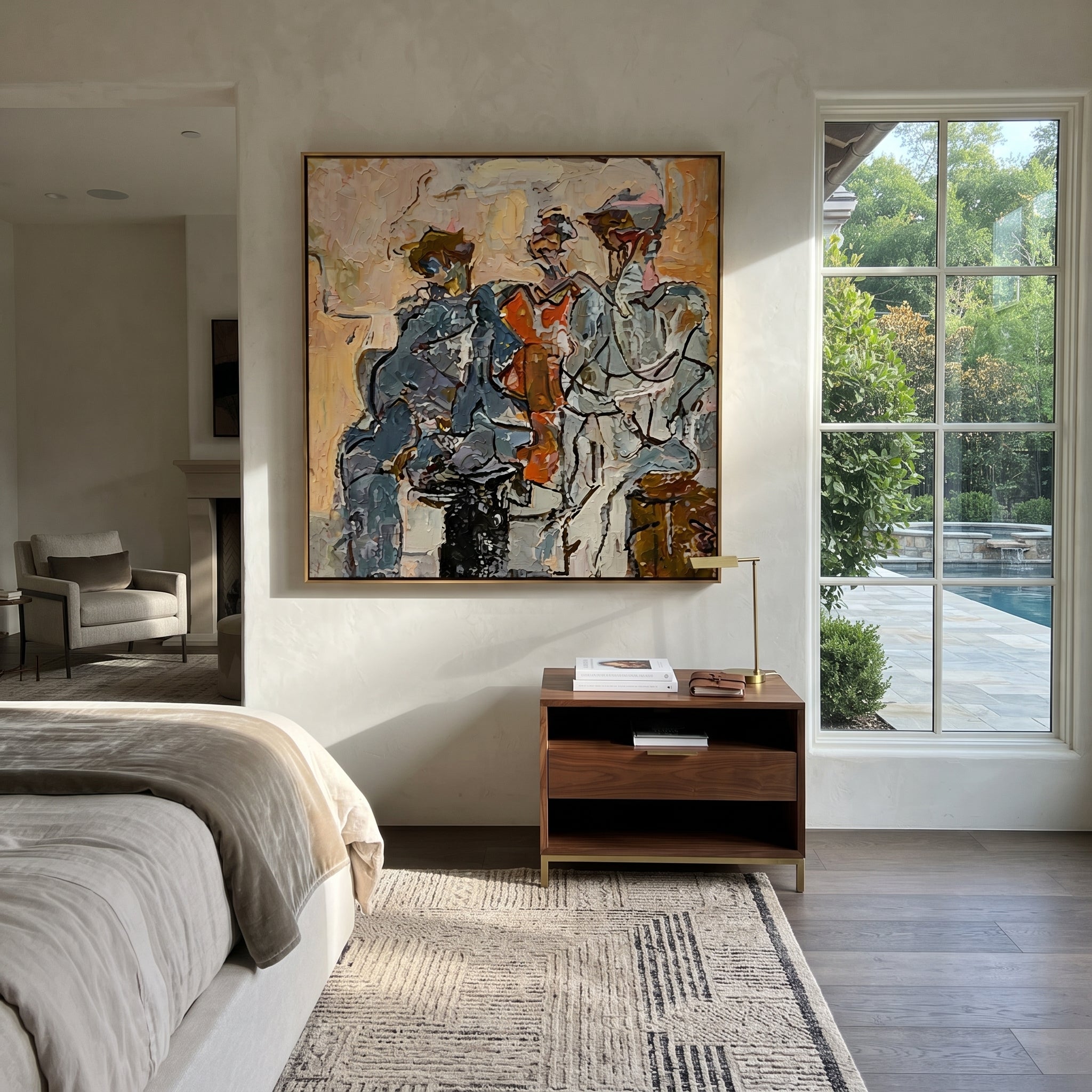 Three Musicians Gather Color - abstract musician trio painting by Elliot Vale, modern figurative square wall art - styled room scene view 5