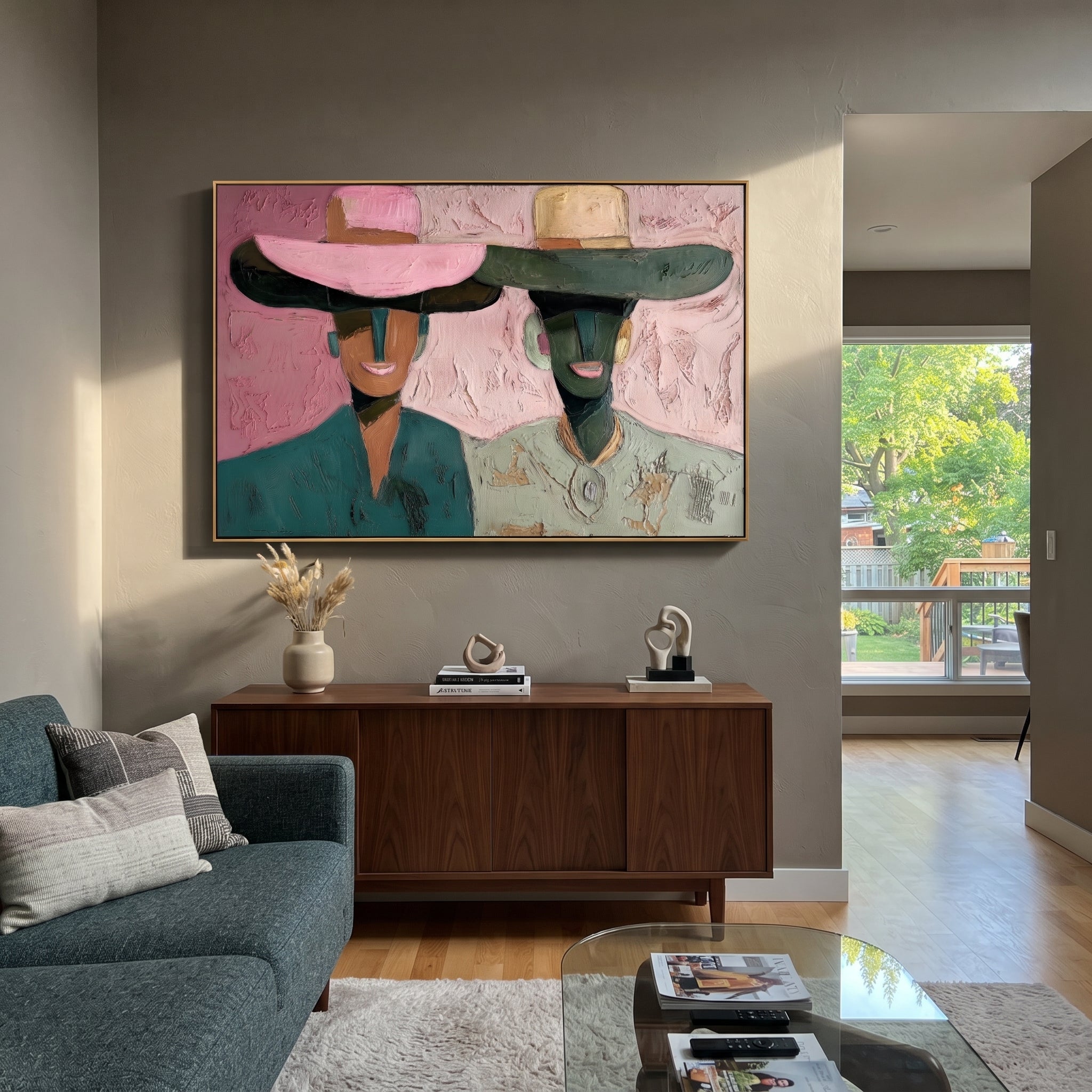 Pink Brims Frame Smiles - smiling hat figure pair painting by Elliot Vale, modern figurative horizontal wall art - styled room scene view 1