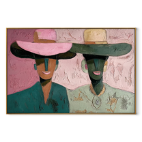 Pink Brims Frame Smiles - smiling hat figure pair painting by Elliot Vale, modern figurative horizontal wall art - wood frame on white background