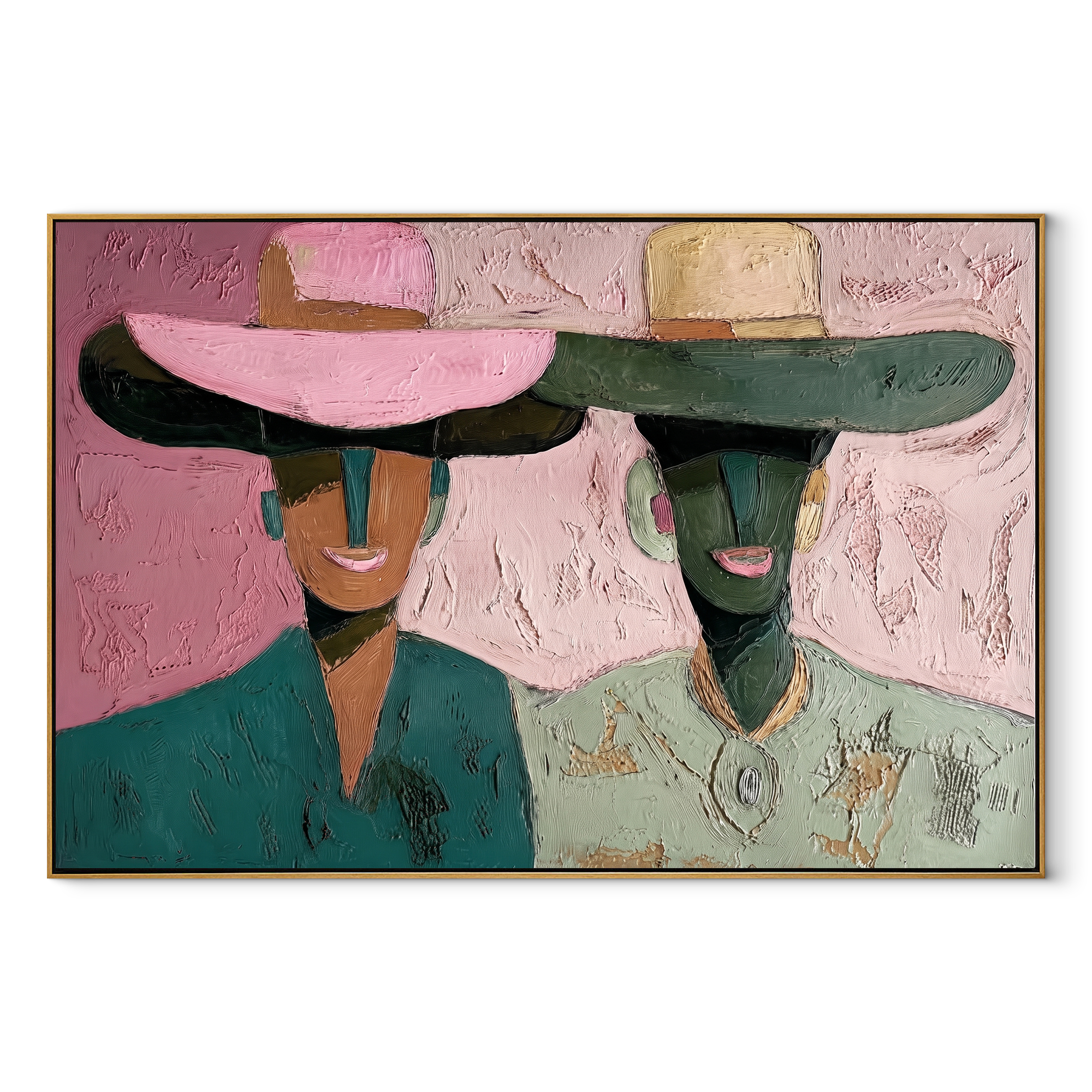 Pink Brims Frame Smiles - smiling hat figure pair painting by Elliot Vale, modern figurative horizontal wall art - wood frame on white background