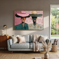 Pink Brims Frame Smiles - smiling hat figure pair painting by Elliot Vale, modern figurative horizontal wall art - styled room scene view 2