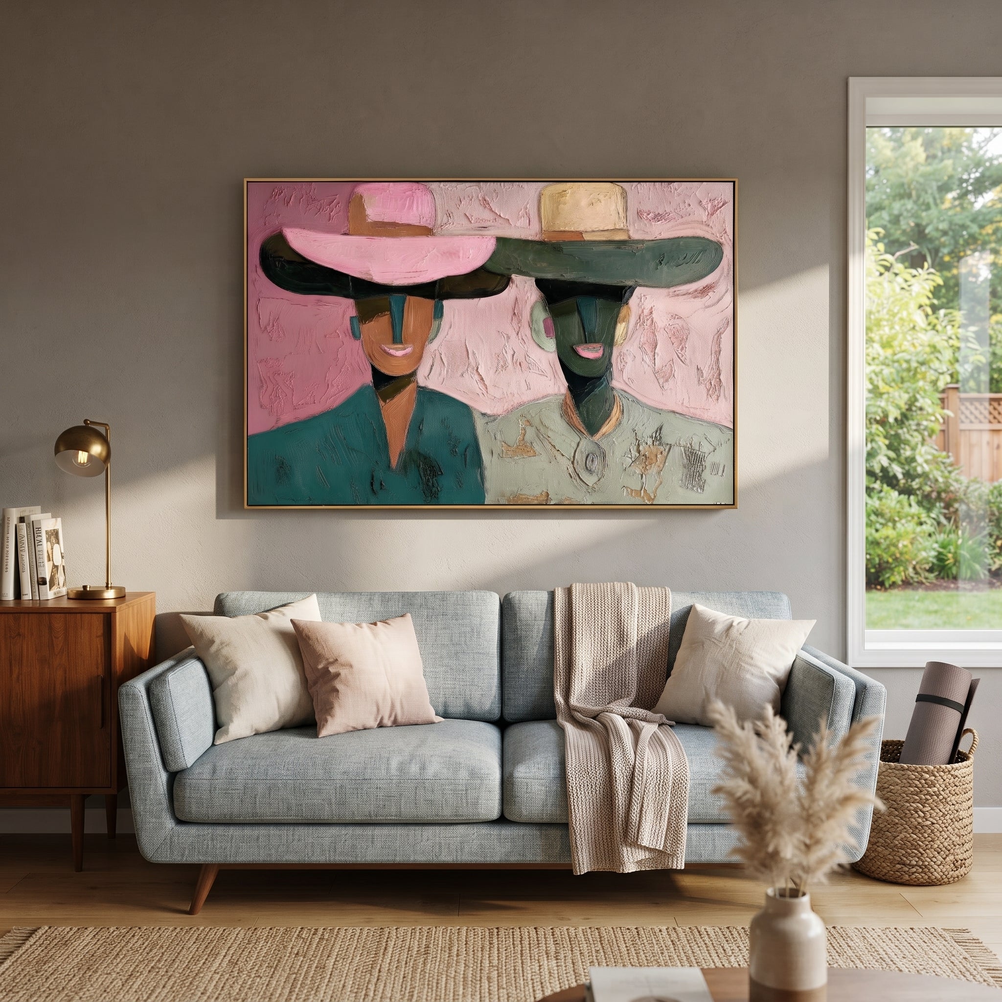 Pink Brims Frame Smiles - smiling hat figure pair painting by Elliot Vale, modern figurative horizontal wall art - styled room scene view 2