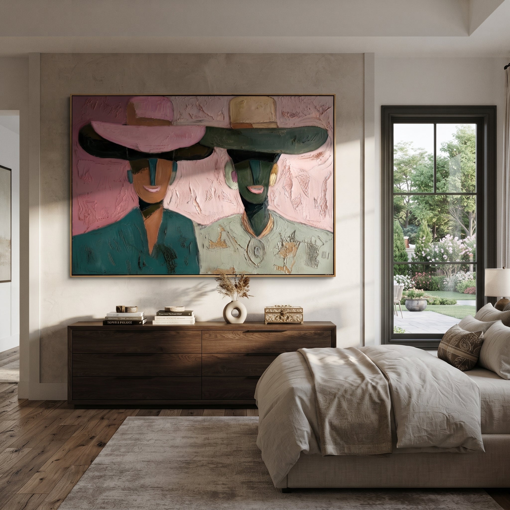 Pink Brims Frame Smiles - smiling hat figure pair painting by Elliot Vale, modern figurative horizontal wall art - styled room scene view 3