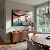 Pink Brims Frame Smiles - smiling hat figure pair painting by Elliot Vale, modern figurative horizontal wall art - styled room scene view 4